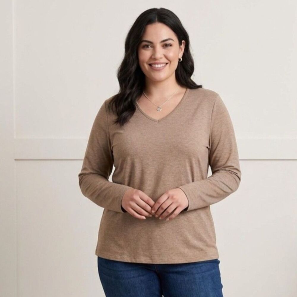 Womens XL Heather Beige V-Neck Long Sleeve T-Shirt Neutral Casual Top
